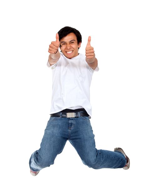 Excited man jumping with thumbs up isolated