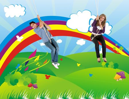 illustration of a beautiful couple having fun over a colourful rainbow