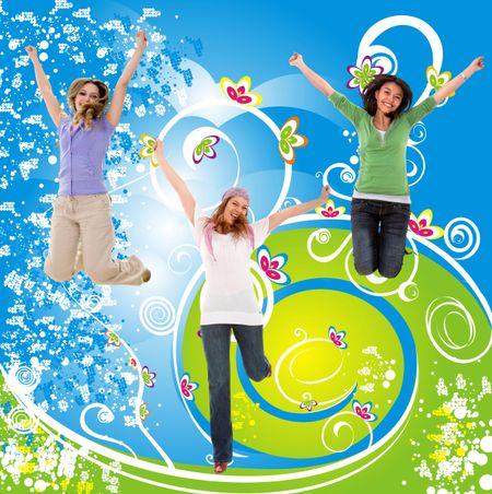 illustration of casual girls jumping and smiling over a blue and green background