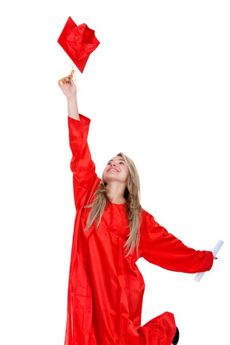 Graduation student jumping isolated over a white background