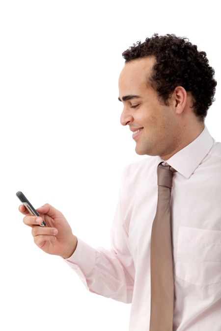Business man texting from his cell phone isolated