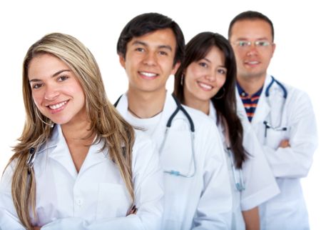 Young group of doctors smiling isolated over white