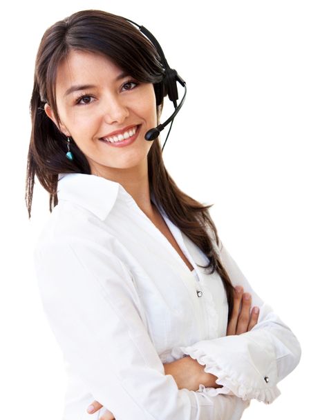 Businesswoman customer support operator smiling isolated on white