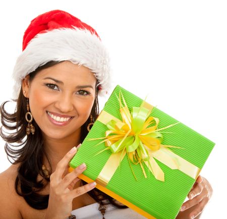 Christmas woman with a gift isolated over a white background
