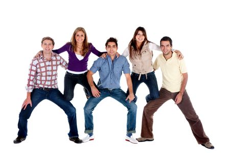 Group of people making a human pyramid isolated over a white background
