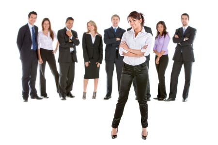 Business woman leading a group isolated over a white background