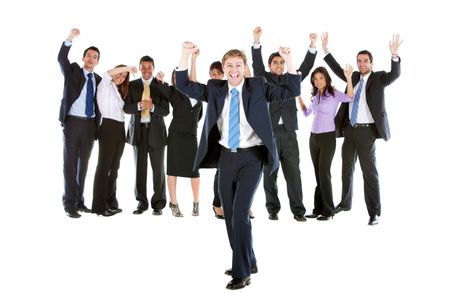 Excited group of young executives isolated over a white background