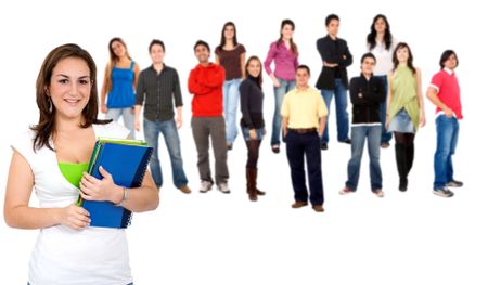 Female student and a group of people isolated over a white background
