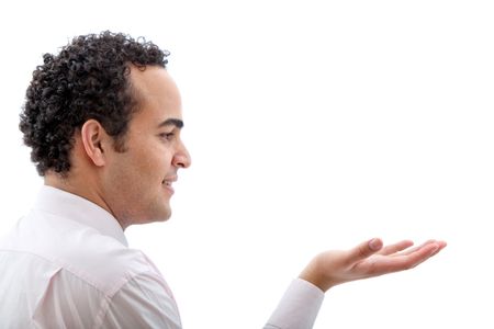 Business man offering a helping hand isolated over a white background