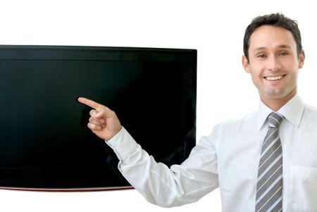business man presenting on a tv screen over a white background