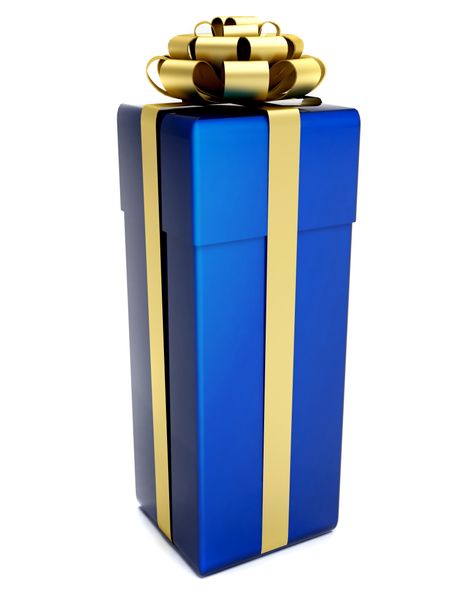 Blue gift box with golden ribbon isolated on white