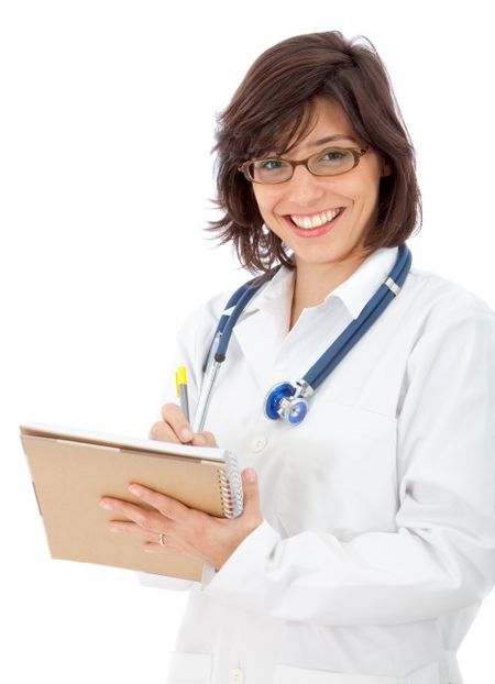 Female doctor smiling with a history chart isolated on white