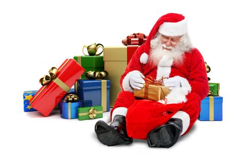 Santa with a lot of wrapped gifts isolated over a whte background