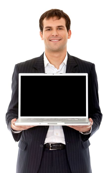 Business man displaying a laptop computer isolated over a white background