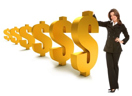 business woman standing with dollar symbols isolated over a white background