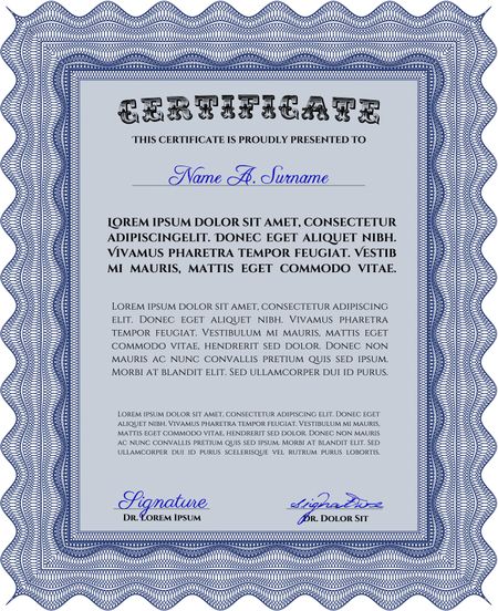 Blue Diploma or certificate template. Lovely design. With complex background. Vector illustration. 