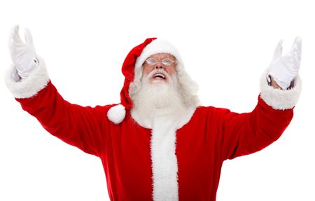 Excited santa with open arms isolated on white