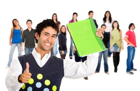 happy student with a group of casual people smiling and standing isolated over a white background