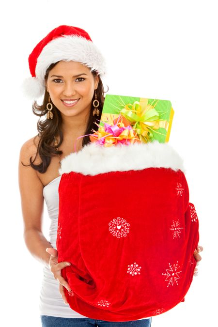 Santa woman with presents bag isolated over a white background