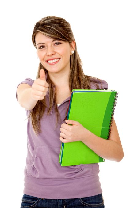 Happy student with thumbs up isolated on white