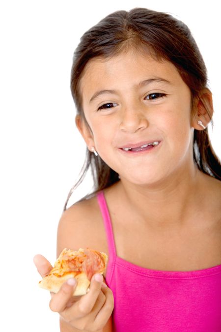 Happy kid eating pizza isolated on white