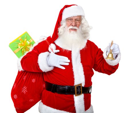 Santa Claus portrait with a bag full of presents and a bell isolated on white