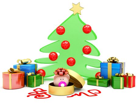 Christmas tree with present isolated over a white background