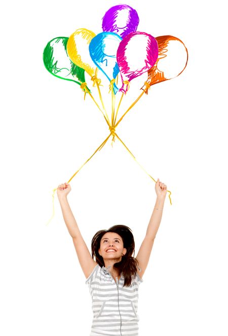 Beautiful happy girl floating with colorful balloons isolated on white