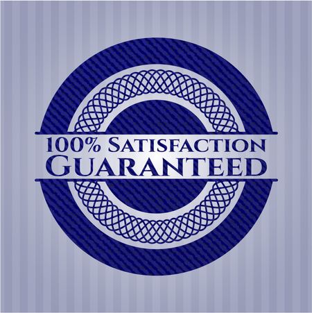 100% Satisfaction Guaranteed badge with denim background