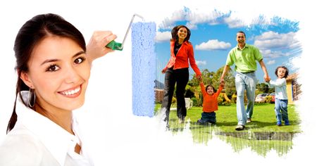 beautiful woman painting a family with a roller - isolated over a white background