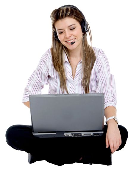 Woman with headset and computer isolated over a white background