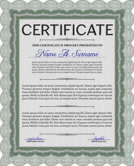 Certificate template. Nice design. Printer friendly. Detailed. Green color.