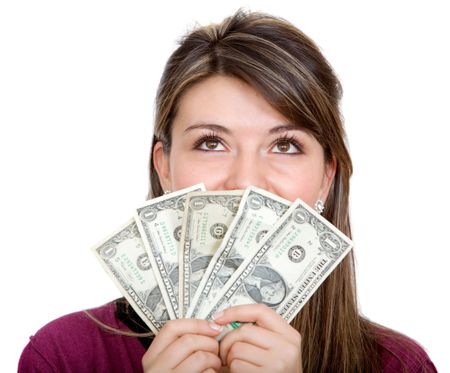 Casual happy woman with lots of money on her hands - isolated over white