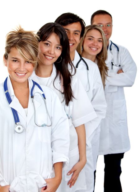 Beautiful group of doctors together smiling isolated on white