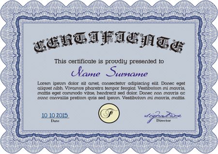 Diploma template. Excellent design. Vector illustration. With complex background. Blue color.