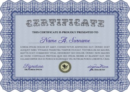 Blue Sample Certificate. Artistry design. Vector pattern that is used in money and certificate. With quality background. 