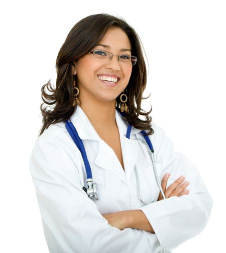 friendly female doctor smiling isolated over white