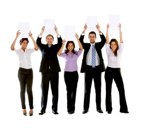 Business people with banners isolated over a white background