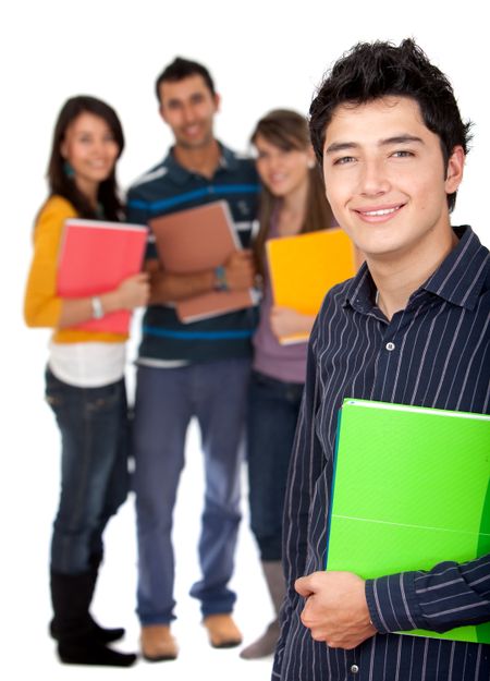 Male student with a group isolated over a white background