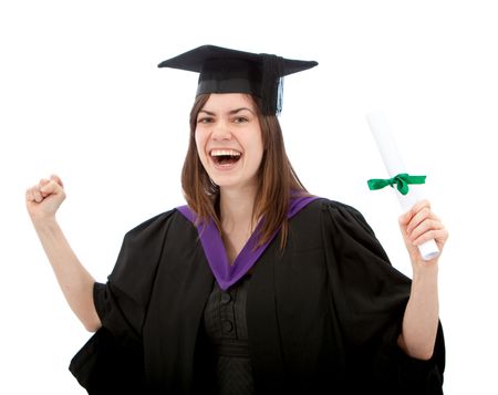 Happy graduation woman isolated over a white background