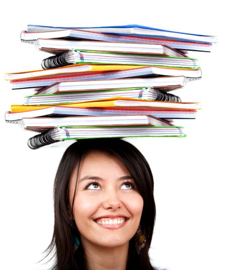 Female student with notebooks isolated over a white background
