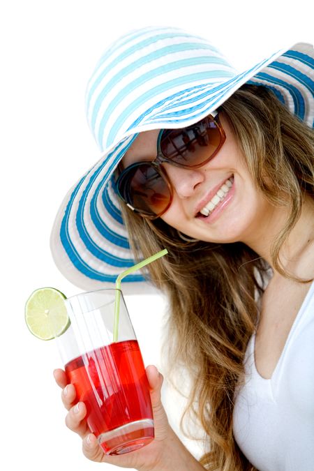 Summer woman drinking a cocktail isolated over a white background