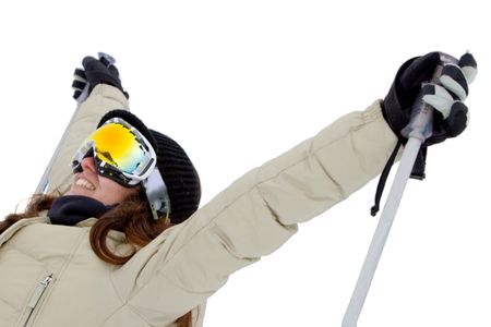 Excited woman with ski goggles and smiling