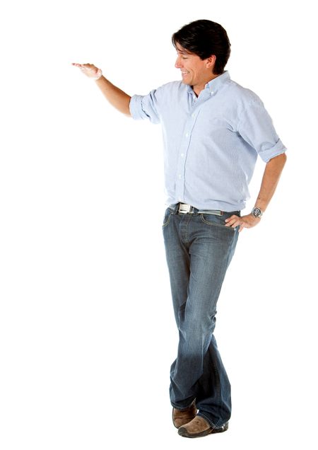Man next to an imaginary object isolated over a white background