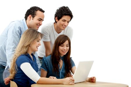 Group of people with a laptop isolated over a white background