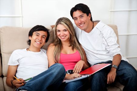 Group of students at home and smiling