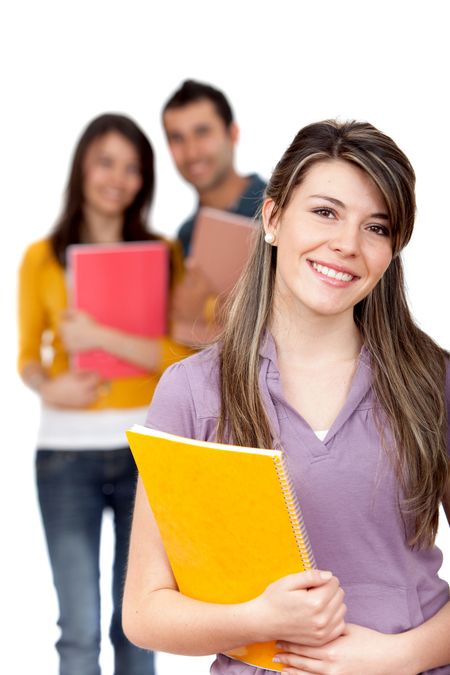 Female student with a notebook isolated over white