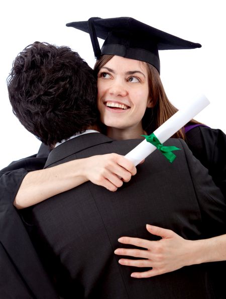 Female graduate hugging a man and celebrating - isolated