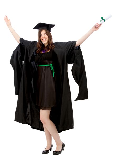 Happy graduation woman celebrating isolated over a white background