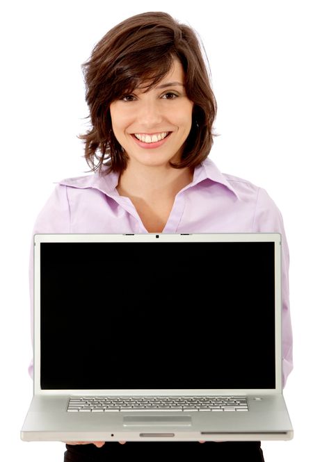 Businesswoman with a computer isolated on white